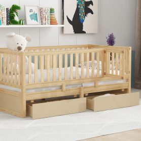 Twin Size Wood Daybed with Fence Guardrails and 2 Drawers, Split into Independent Floor Bed & Daybed