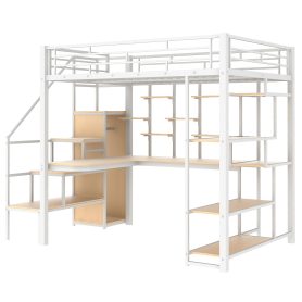 Full Size Metal Loft Bed with Storage Staircase and Small Wardrobe, Built-in Desk and Storage Shelves