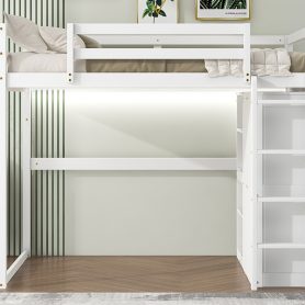 Wood Full Size Loft Bed With Built-in Wardrobe And Storage Shelves, Led Light