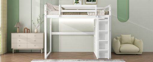 Wood Full Size Loft Bed With Built-in Wardrobe And Storage Shelves, Led Light
