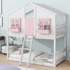 Twin over Twin House Bunk Bed with Roof , Window, Door , Safety Guardrails and Ladder