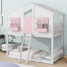 Twin over Twin House Bunk Bed with Roof , Window, Door , Safety Guardrails and Ladder