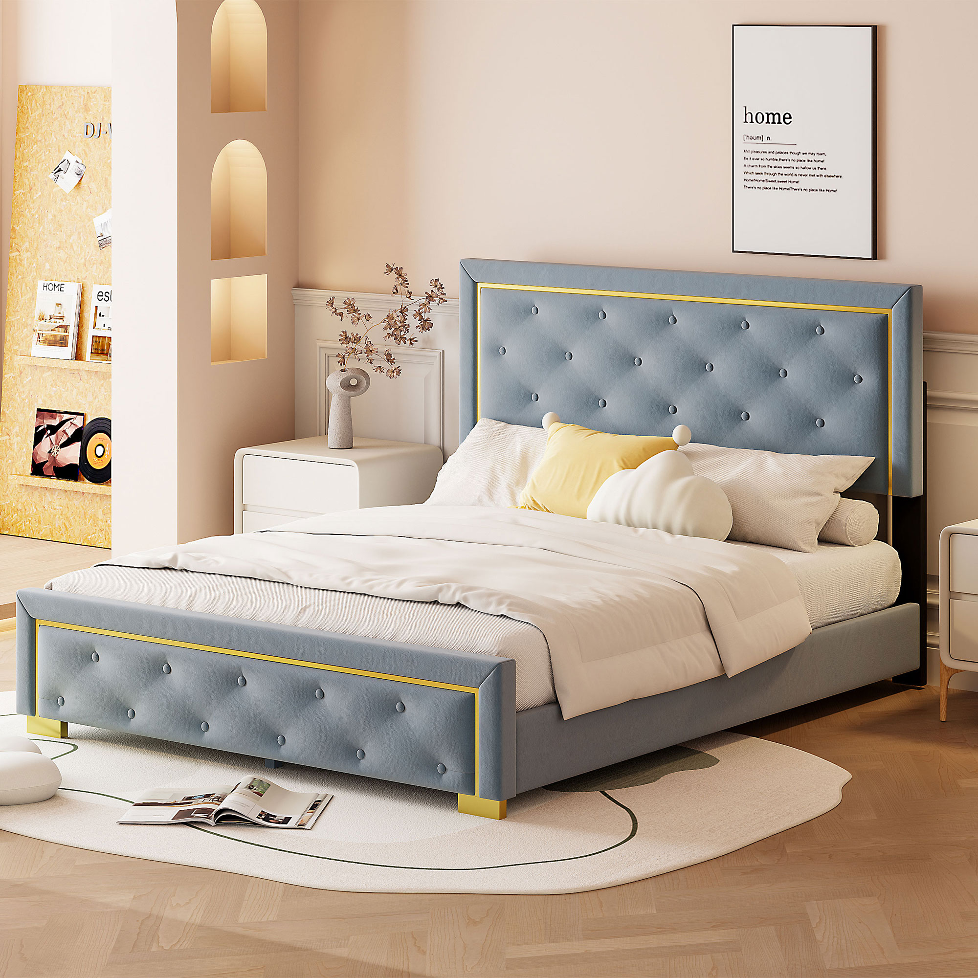Queen Size Upholstered Platform Bed With Pull Point Headboard And Metal Wire Frame