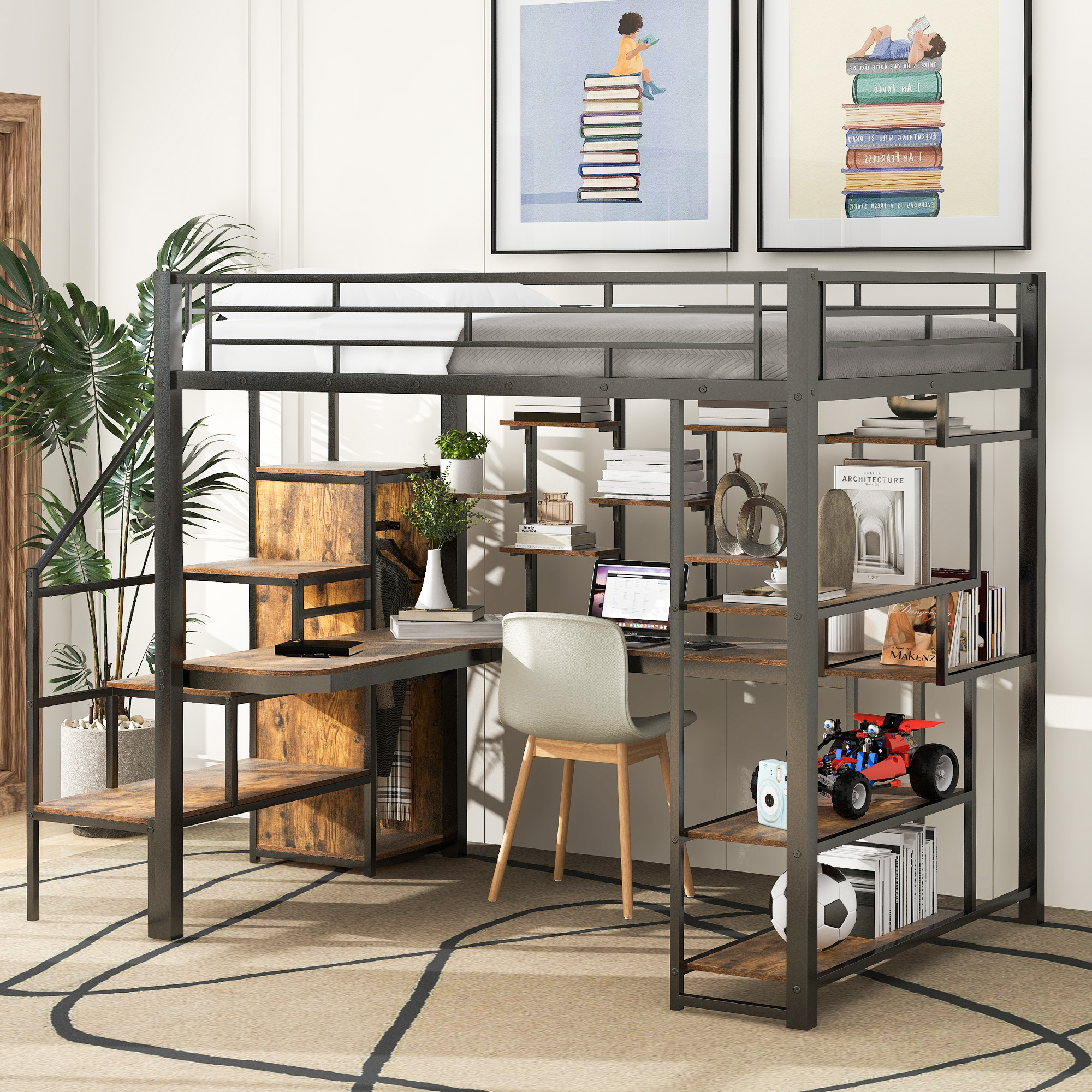 Full Size Metal Loft Bed with Storage Staircase and Small Wardrobe, Built-in Desk and Storage Shelves