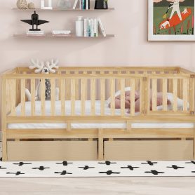 Full Size Wood Daybed with Fence Guardrails and 2 Drawers, Split into Independent Floor Bed & Daybed