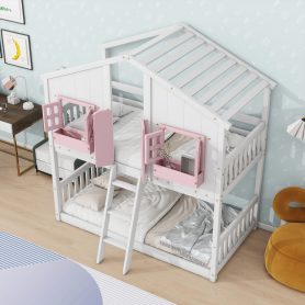 Twin over Twin House Bunk Bed with Roof , Window, Door , Safety Guardrails and Ladder