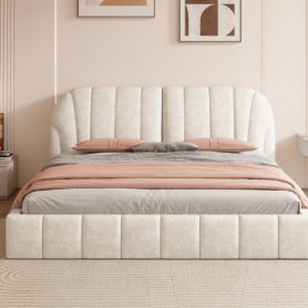 Queen Size Upholstered Platform Bed with Thick Fabric, Polyester