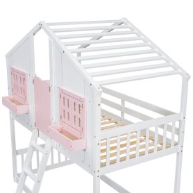 Twin over Twin House Bunk Bed with Roof , Window, Door , Safety Guardrails and Ladder
