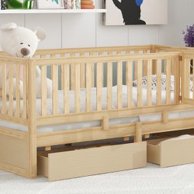 Twin Size Wood Daybed with Fence Guardrails and 2 Drawers, Split into Independent Floor Bed & Daybed
