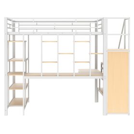 Full Size Metal Loft Bed with Storage Staircase and Small Wardrobe, Built-in Desk and Storage Shelves