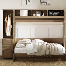 Full Size Murphy Bed with Wardrobe, Drawers and Open Shelves