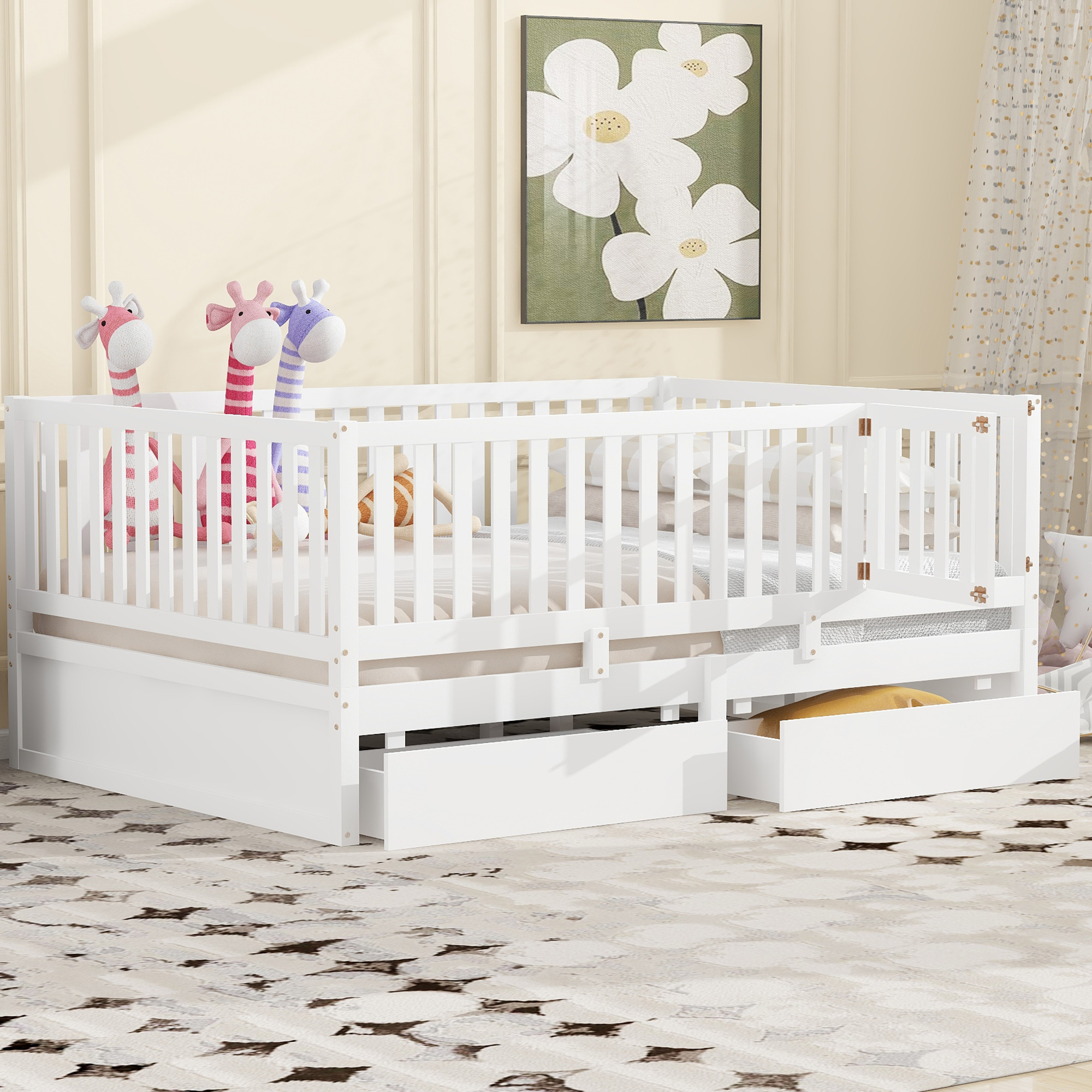 Full Size Wood Daybed with Fence Guardrails and 2 Drawers, Split into Independent Floor Bed & Daybed