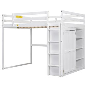 Wood Full Size Loft Bed With Built-in Wardrobe And Storage Shelves, Led Light
