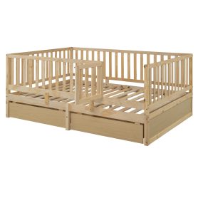 Full Size Wood Daybed with Fence Guardrails and 2 Drawers, Split into Independent Floor Bed & Daybed