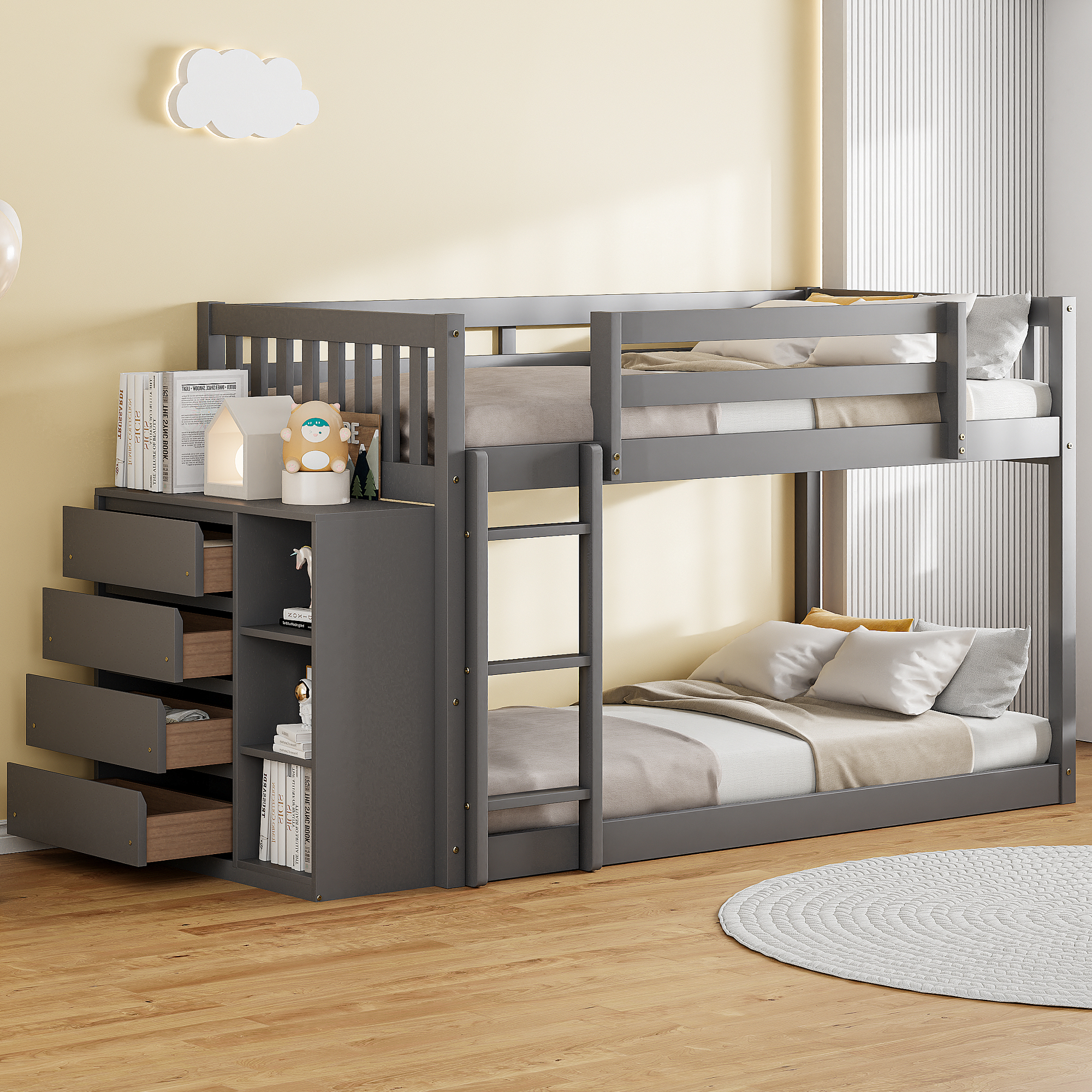 Twin Over Twin Bunk Bed With 4 Drawers And 3 Shelves