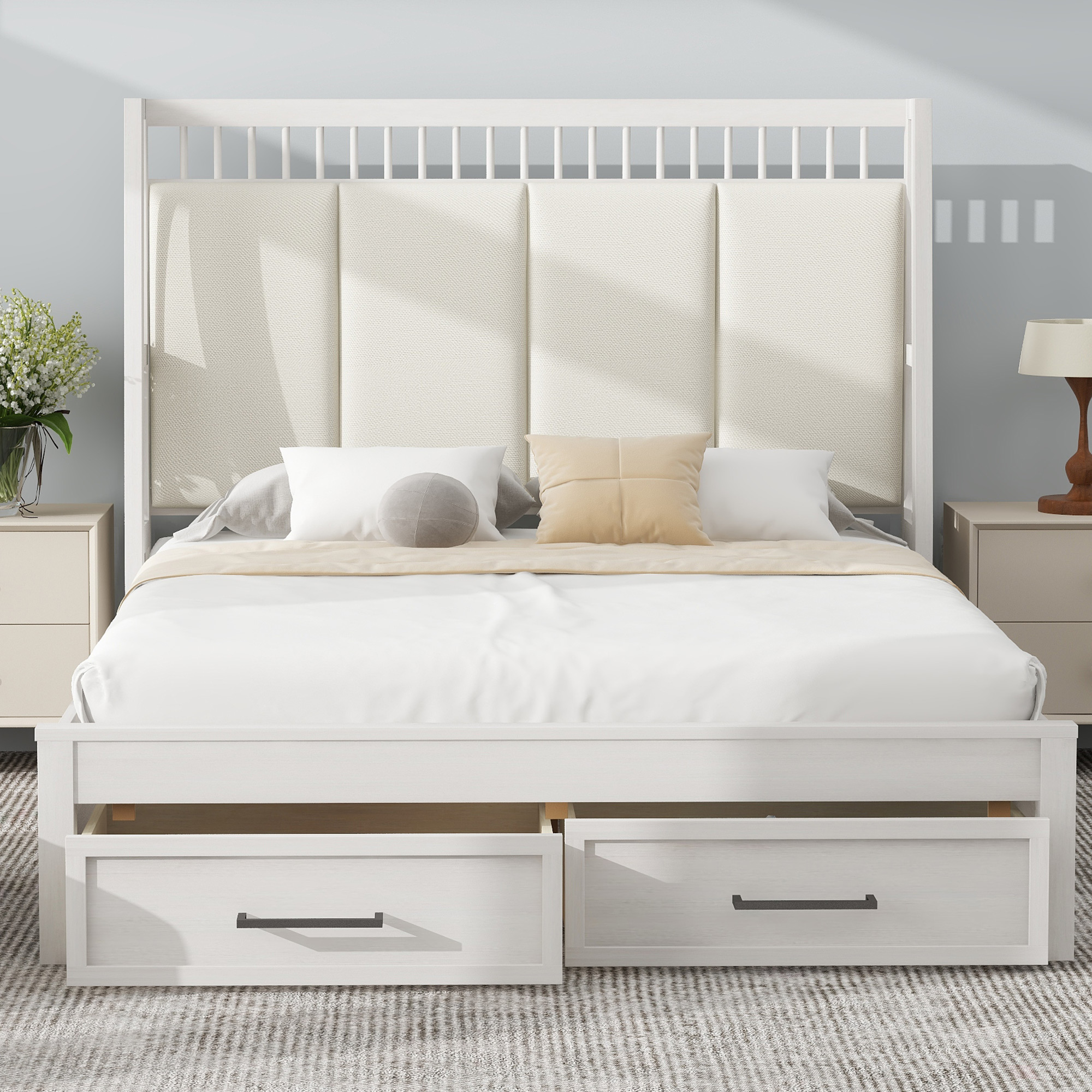 Queen Size Wood Platform Bed with Upholstered Headboard and 2 Drawers