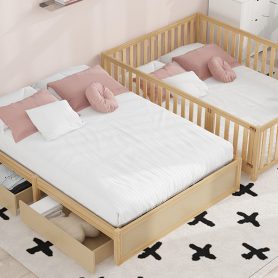 Full Size Wood Daybed with Fence Guardrails and 2 Drawers, Split into Independent Floor Bed & Daybed