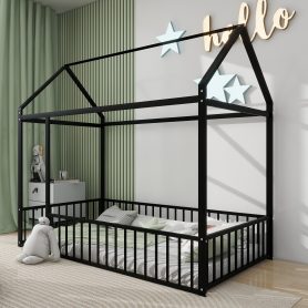Twin Size Metal Bed House Bed Frame with Fence