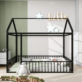 Twin Size Metal Bed House Bed Frame with Fence