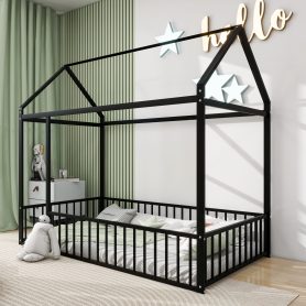 Twin Size Metal Bed House Bed Frame with Fence