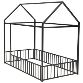 Twin Size Metal Bed House Bed Frame with Fence