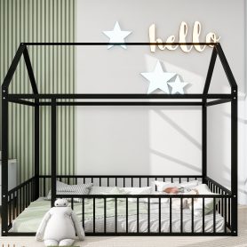 Twin Size Metal Bed House Bed Frame with Fence