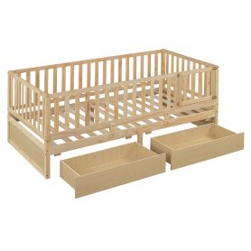Twin Size Wood Daybed with Fence Guardrails and 2 Drawers, Split into Independent Floor Bed & Daybed