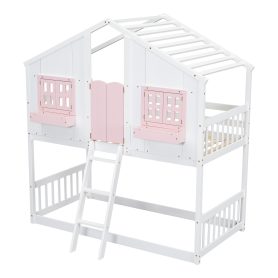 Twin over Twin House Bunk Bed with Roof , Window, Door , Safety Guardrails and Ladder