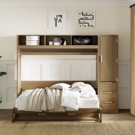 Full Size Murphy Bed with Wardrobe, Drawers and Open Shelves