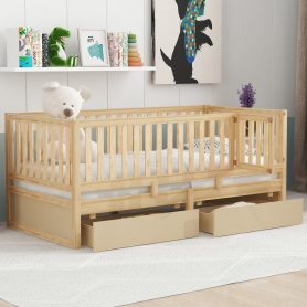 Twin Size Wood Daybed with Fence Guardrails and 2 Drawers, Split into Independent Floor Bed & Daybed