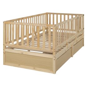 Twin Size Wood Daybed with Fence Guardrails and 2 Drawers, Split into Independent Floor Bed & Daybed