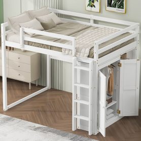 Wood Full Size Loft Bed With Built-in Wardrobe And Storage Shelves, Led Light