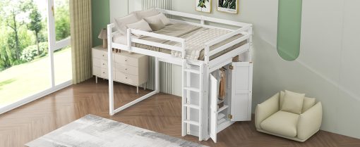 Wood Full Size Loft Bed With Built-in Wardrobe And Storage Shelves, Led Light