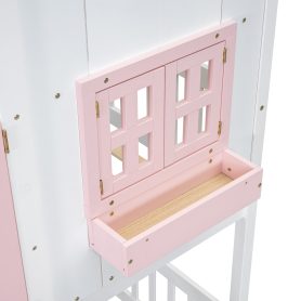 Twin over Twin House Bunk Bed with Roof , Window, Door , Safety Guardrails and Ladder
