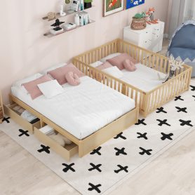 Full Size Wood Daybed with Fence Guardrails and 2 Drawers, Split into Independent Floor Bed & Daybed