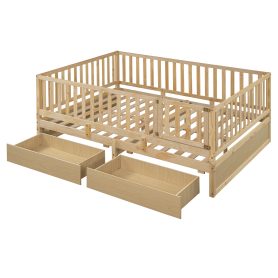 Full Size Wood Daybed with Fence Guardrails and 2 Drawers, Split into Independent Floor Bed & Daybed