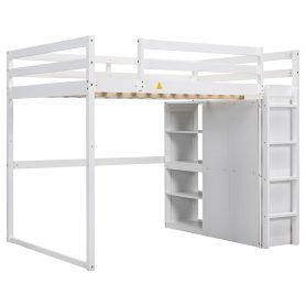 Wood Full Size Loft Bed With Built-in Wardrobe And Storage Shelves, Led Light