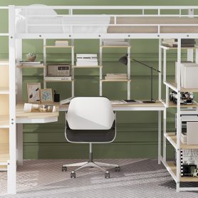 Full Size Metal Loft Bed with Storage Staircase and Small Wardrobe, Built-in Desk and Storage Shelves