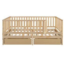 Full Size Wood Daybed with Fence Guardrails and 2 Drawers, Split into Independent Floor Bed & Daybed