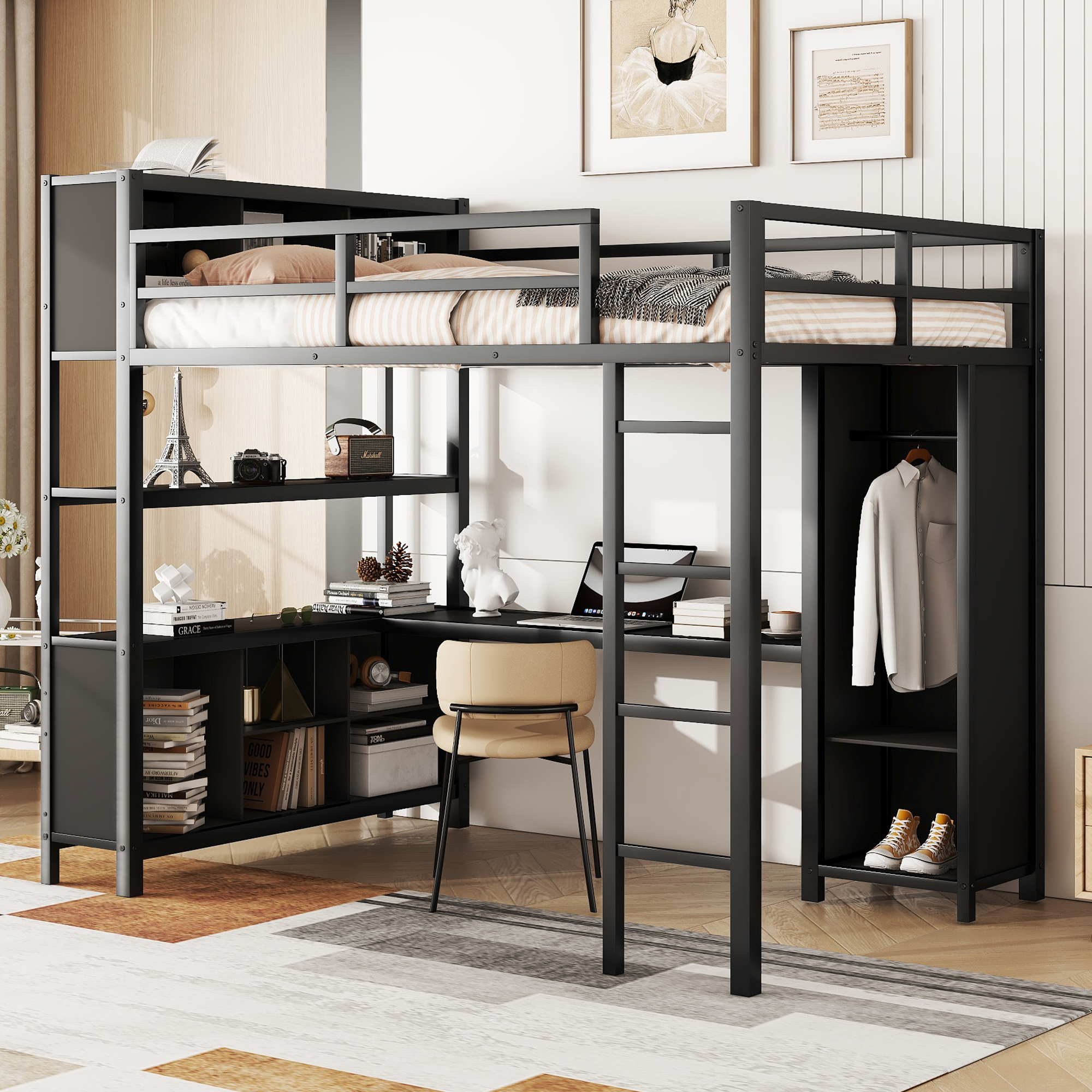 Metal Full Size Loft Bed With L-shaped Desk, Wardrobe, Storage Cubes And Shelves