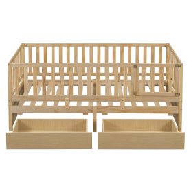 Twin Size Wood Daybed with Fence Guardrails and 2 Drawers, Split into Independent Floor Bed & Daybed