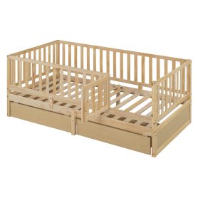 Twin Size Wood Daybed with Fence Guardrails and 2 Drawers, Split into Independent Floor Bed & Daybed