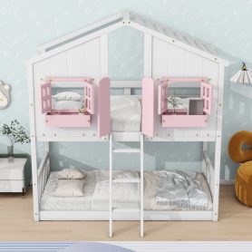 Twin over Twin House Bunk Bed with Roof , Window, Door , Safety Guardrails and Ladder