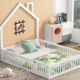 Wood Full Size House Platform Bed With Guardrail