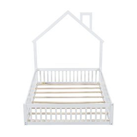 Wood Full Size House Platform Bed With Guardrail