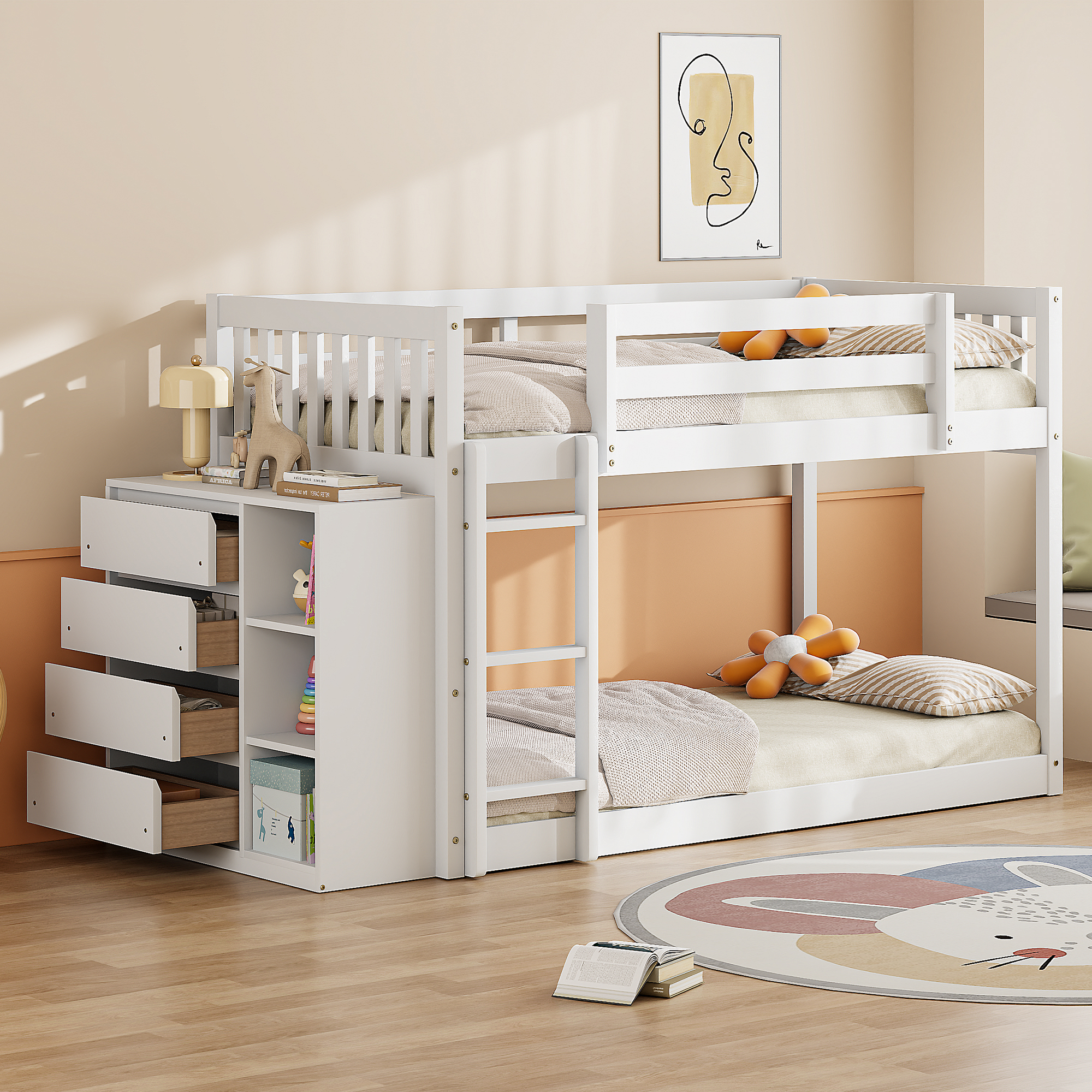 Twin Over Twin Bunk Bed With 4 Drawers And 3 Shelves