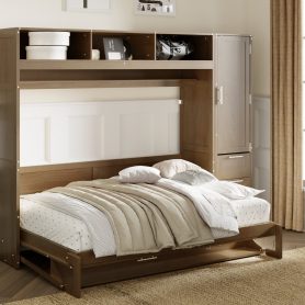 Full Size Murphy Bed with Wardrobe, Drawers and Open Shelves