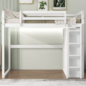 Wood Full Size Loft Bed With Built-in Wardrobe And Storage Shelves, Led Light