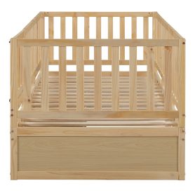 Twin Size Wood Daybed with Fence Guardrails and 2 Drawers, Split into Independent Floor Bed & Daybed
