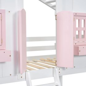 Twin over Twin House Bunk Bed with Roof , Window, Door , Safety Guardrails and Ladder